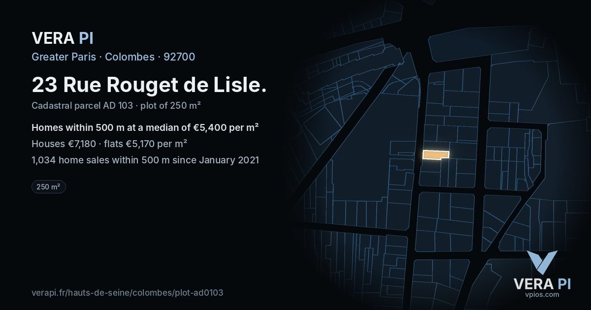 23 Rue Rouget de Lisle, Colombes at night – the plot lit, the parcels around coloured by the prices near them