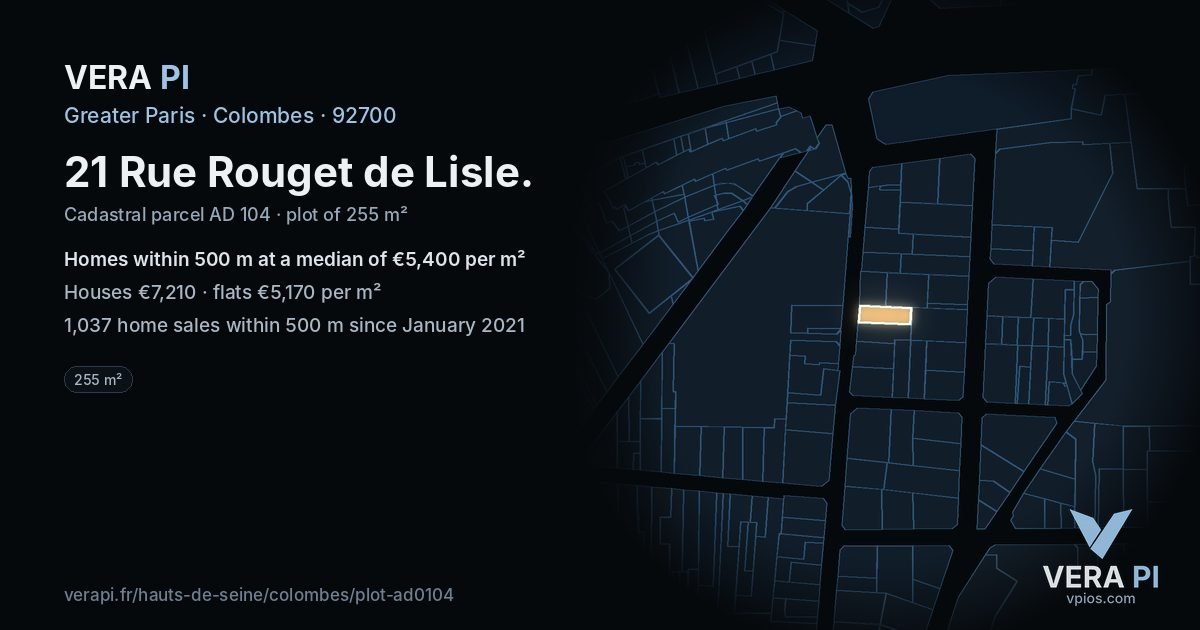 21 Rue Rouget de Lisle, Colombes at night – the plot lit, the parcels around coloured by the prices near them