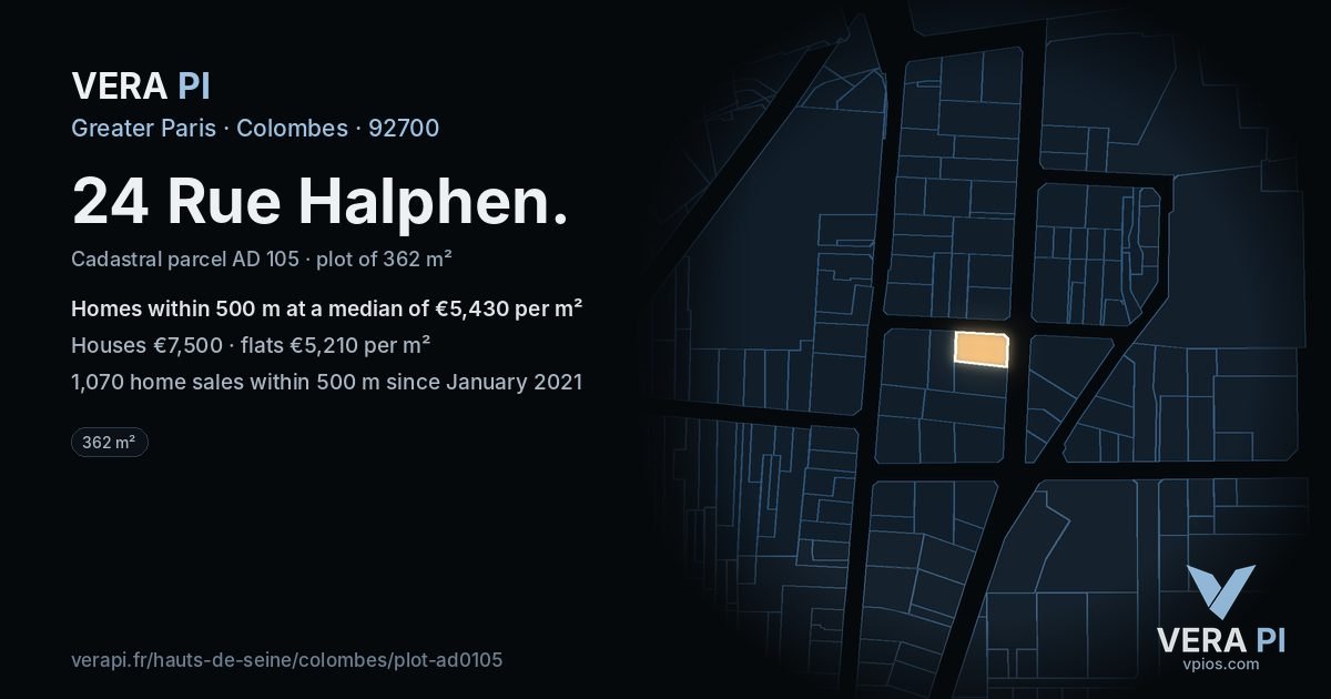 24 Rue Halphen, Colombes at night – the plot lit, the parcels around coloured by the prices near them