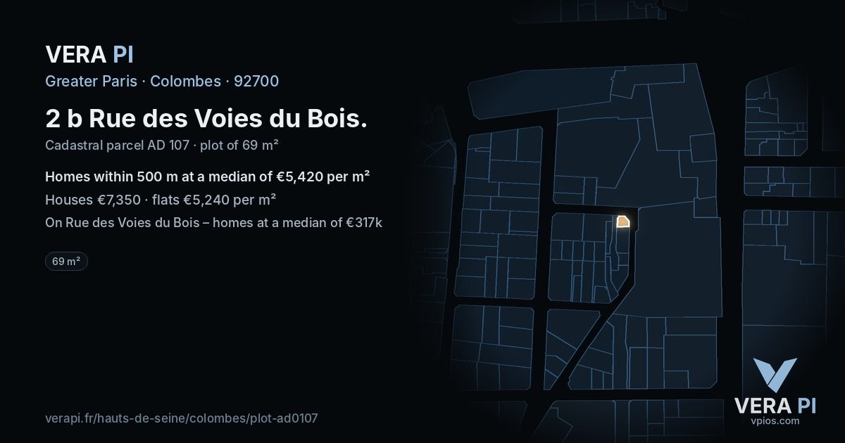 2 b Rue des Voies du Bois, Colombes at night – the plot lit, the parcels around coloured by the prices near them