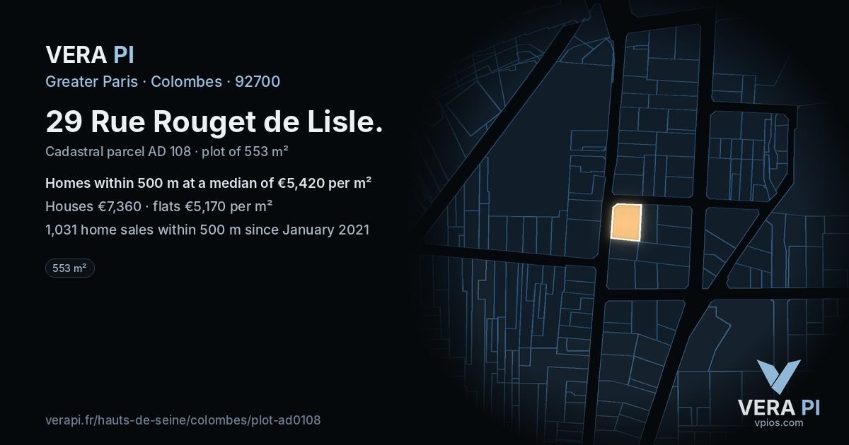 29 Rue Rouget de Lisle, Colombes at night – the plot lit, the parcels around coloured by the prices near them
