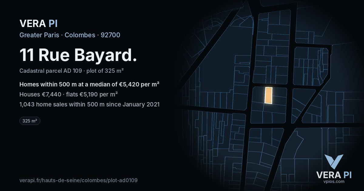 11 Rue Bayard, Colombes at night – the plot lit, the parcels around coloured by the prices near them