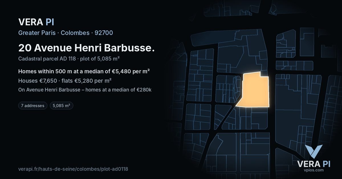 20 Avenue Henri Barbusse, Colombes at night – the plot lit, the parcels around coloured by the prices near them