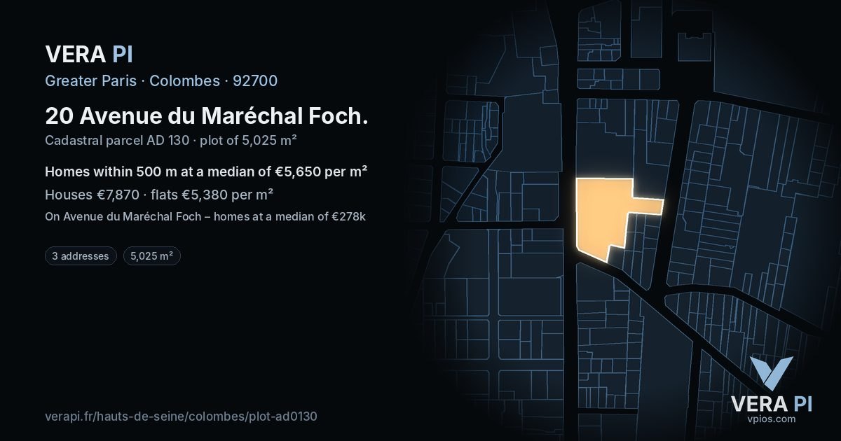 20 Avenue du Maréchal Foch, Colombes at night – the plot lit, the parcels around coloured by the prices near them