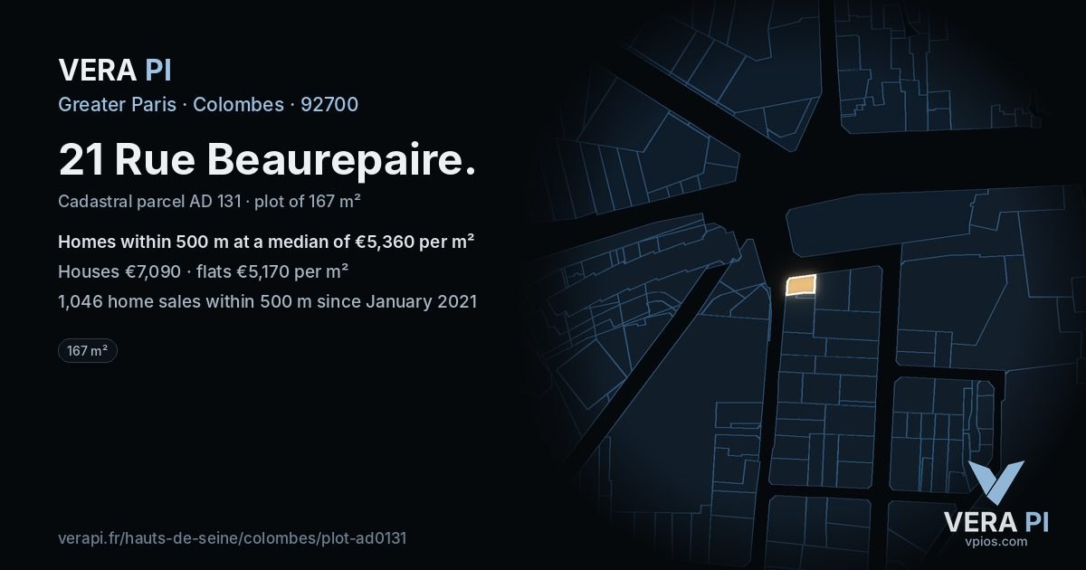21 Rue Beaurepaire, Colombes at night – the plot lit, the parcels around coloured by the prices near them