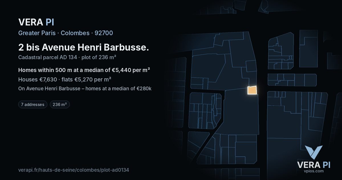 2 bis Avenue Henri Barbusse, Colombes at night – the plot lit, the parcels around coloured by the prices near them