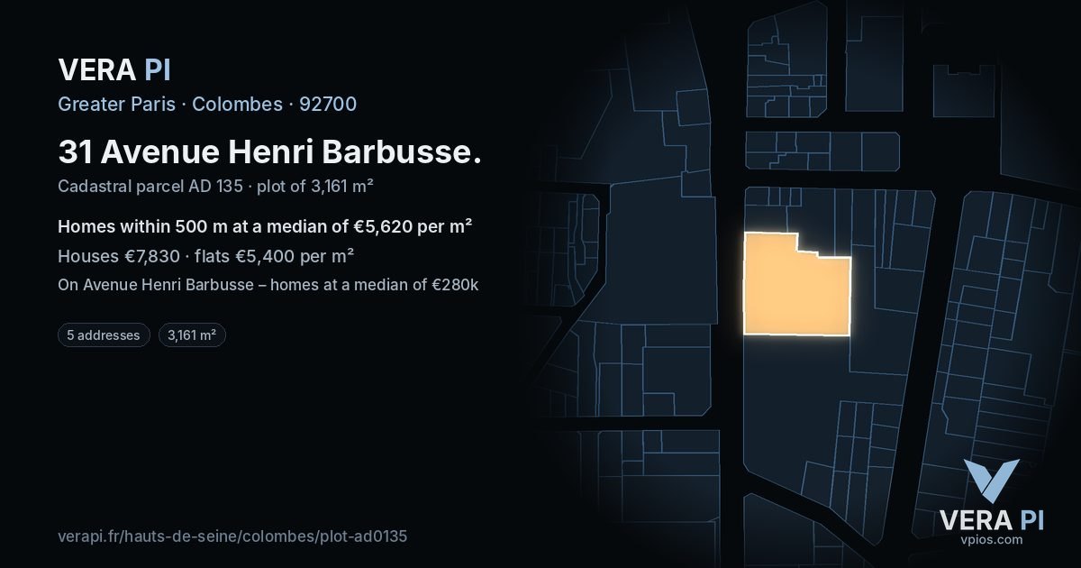 31 Avenue Henri Barbusse, Colombes at night – the plot lit, the parcels around coloured by the prices near them