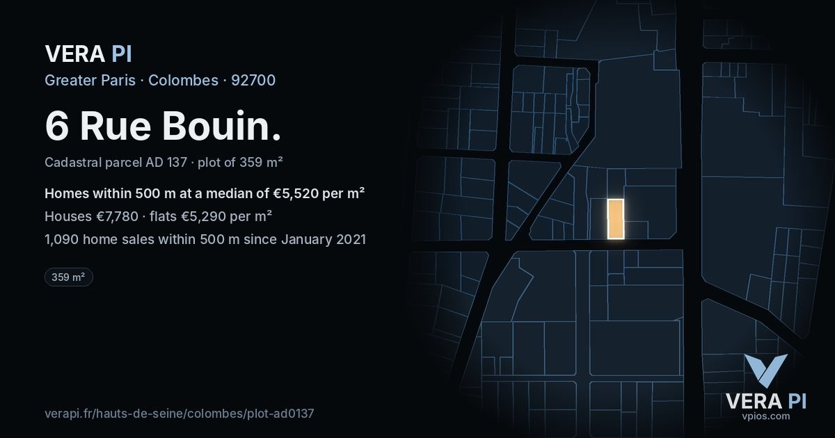 6 Rue Bouin, Colombes at night – the plot lit, the parcels around coloured by the prices near them