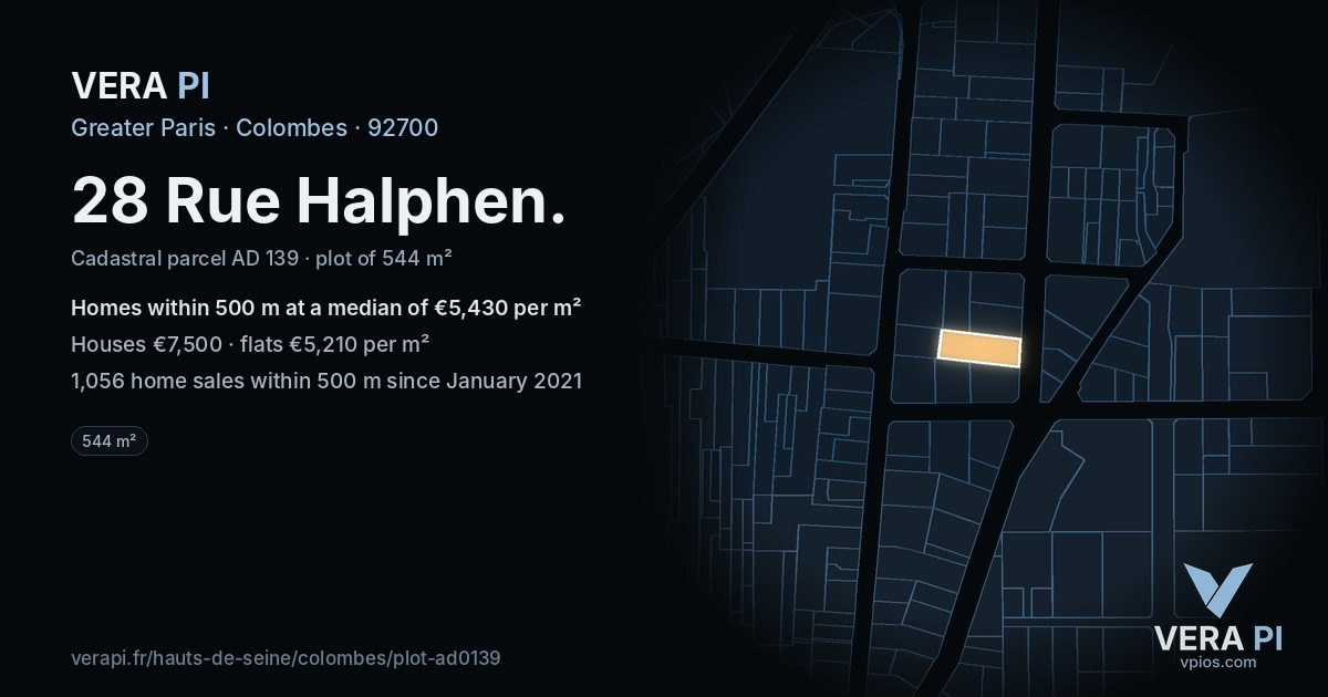 28 Rue Halphen, Colombes at night – the plot lit, the parcels around coloured by the prices near them