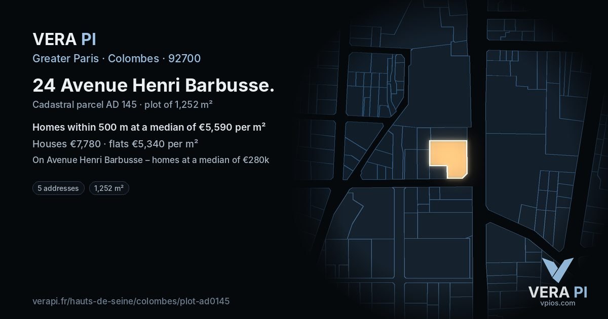 24 Avenue Henri Barbusse, Colombes at night – the plot lit, the parcels around coloured by the prices near them