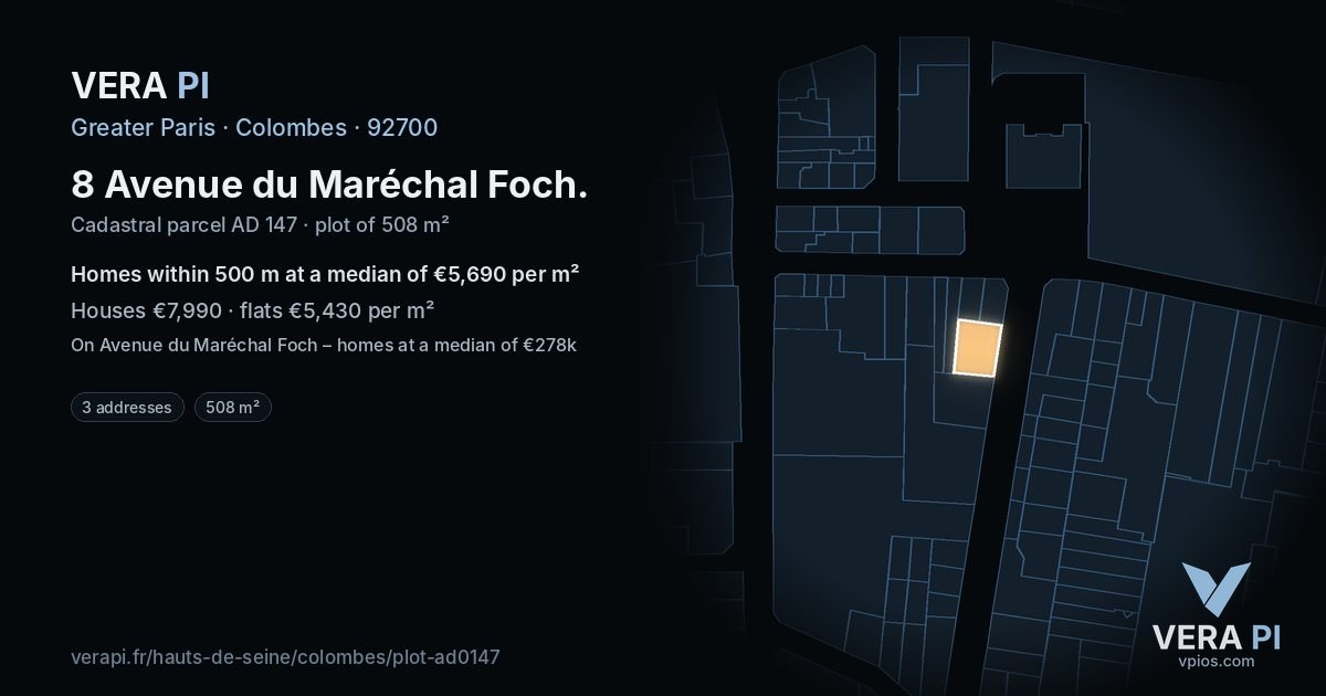 8 Avenue du Maréchal Foch, Colombes at night – the plot lit, the parcels around coloured by the prices near them