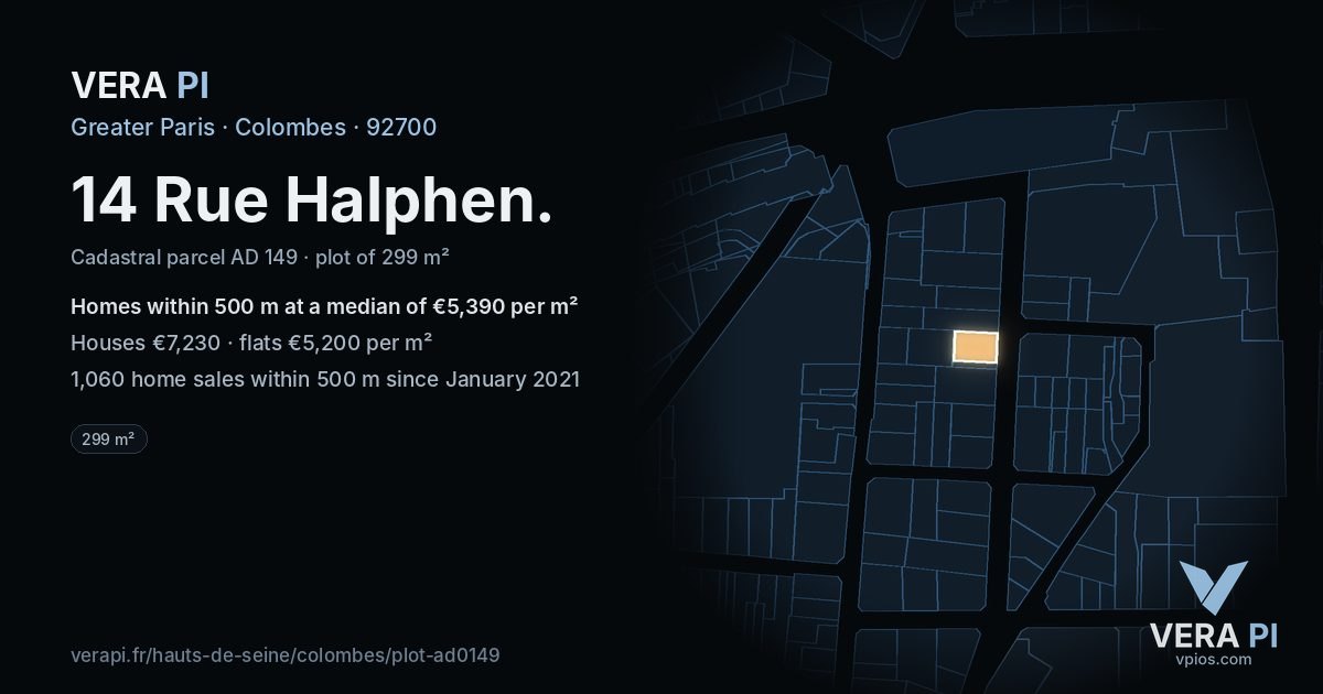 14 Rue Halphen, Colombes at night – the plot lit, the parcels around coloured by the prices near them