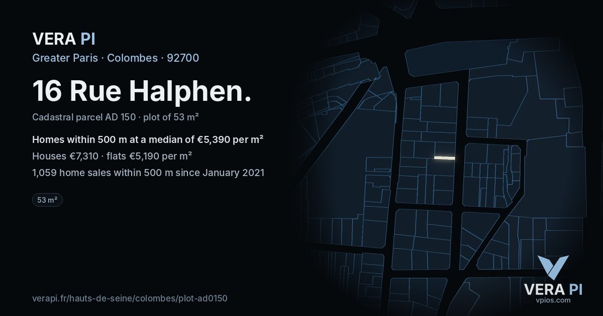 16 Rue Halphen, Colombes at night – the plot lit, the parcels around coloured by the prices near them