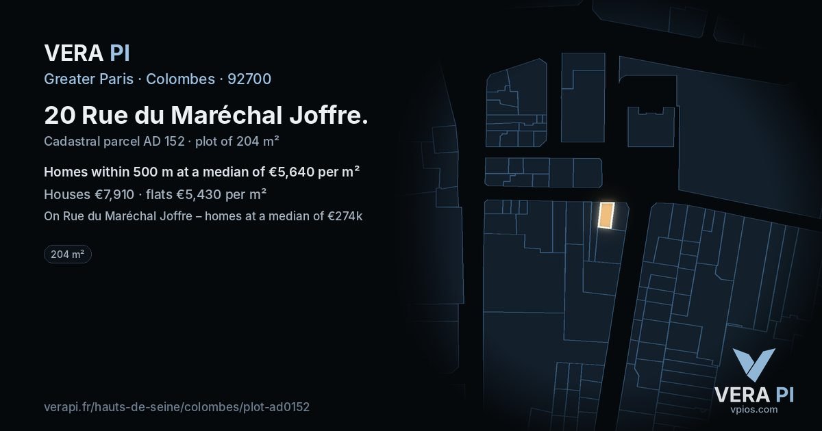 20 Rue du Maréchal Joffre, Colombes at night – the plot lit, the parcels around coloured by the prices near them
