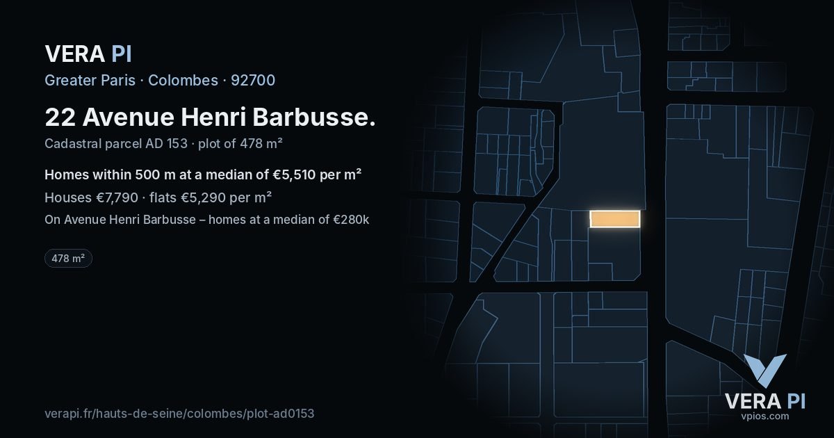 22 Avenue Henri Barbusse, Colombes at night – the plot lit, the parcels around coloured by the prices near them