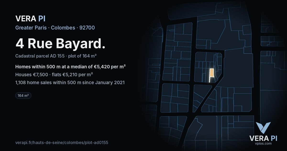 4 Rue Bayard, Colombes at night – the plot lit, the parcels around coloured by the prices near them