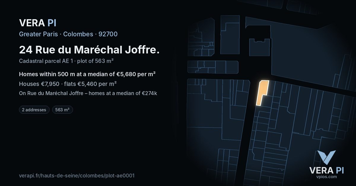 24 Rue du Maréchal Joffre, Colombes at night – the plot lit, the parcels around coloured by the prices near them