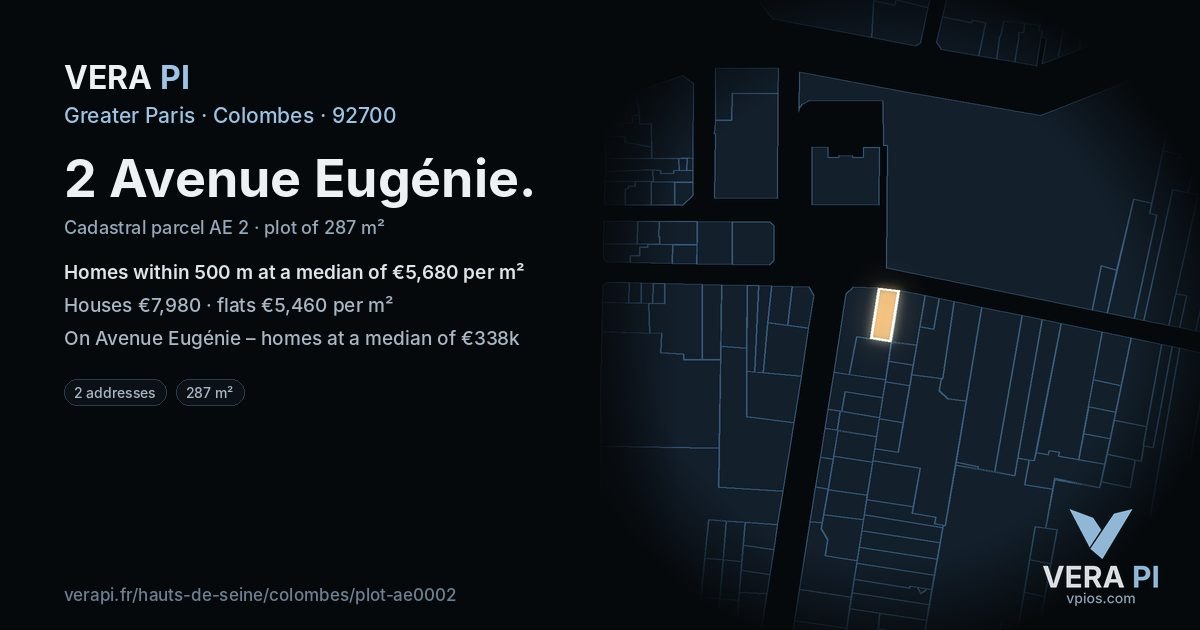 2 Avenue Eugénie, Colombes at night – the plot lit, the parcels around coloured by the prices near them