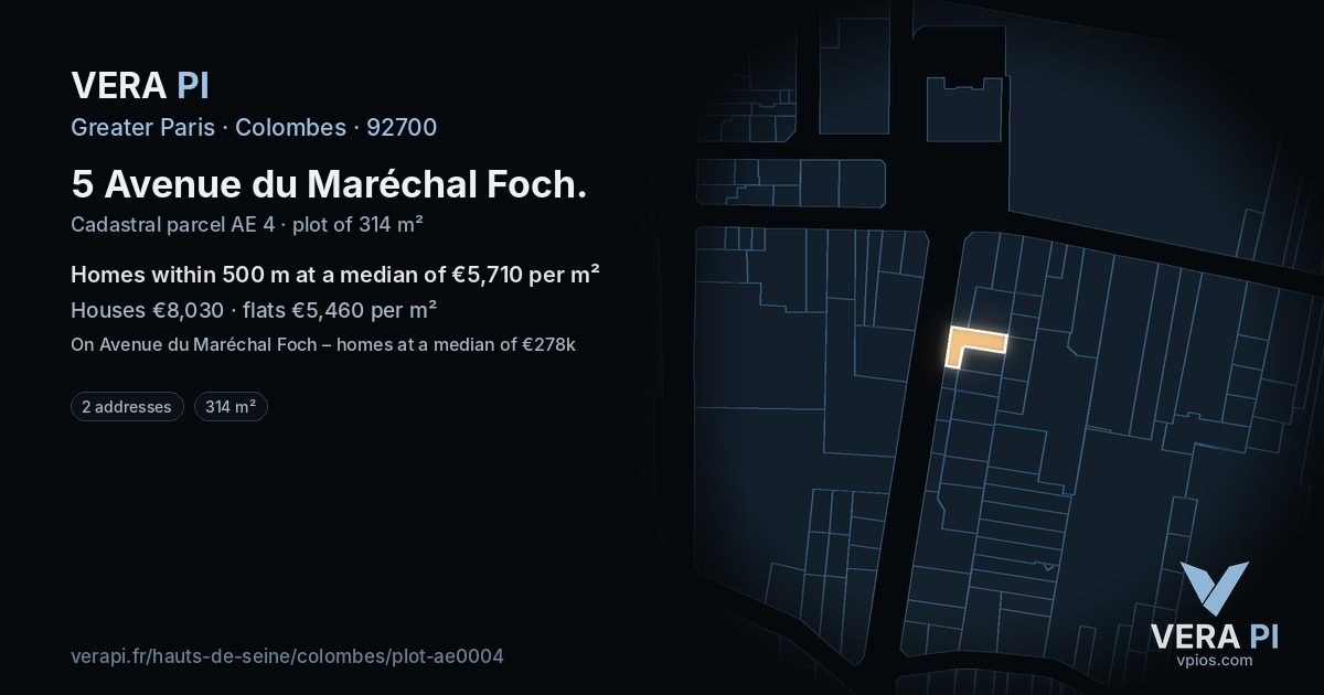 5 Avenue du Maréchal Foch, Colombes at night – the plot lit, the parcels around coloured by the prices near them