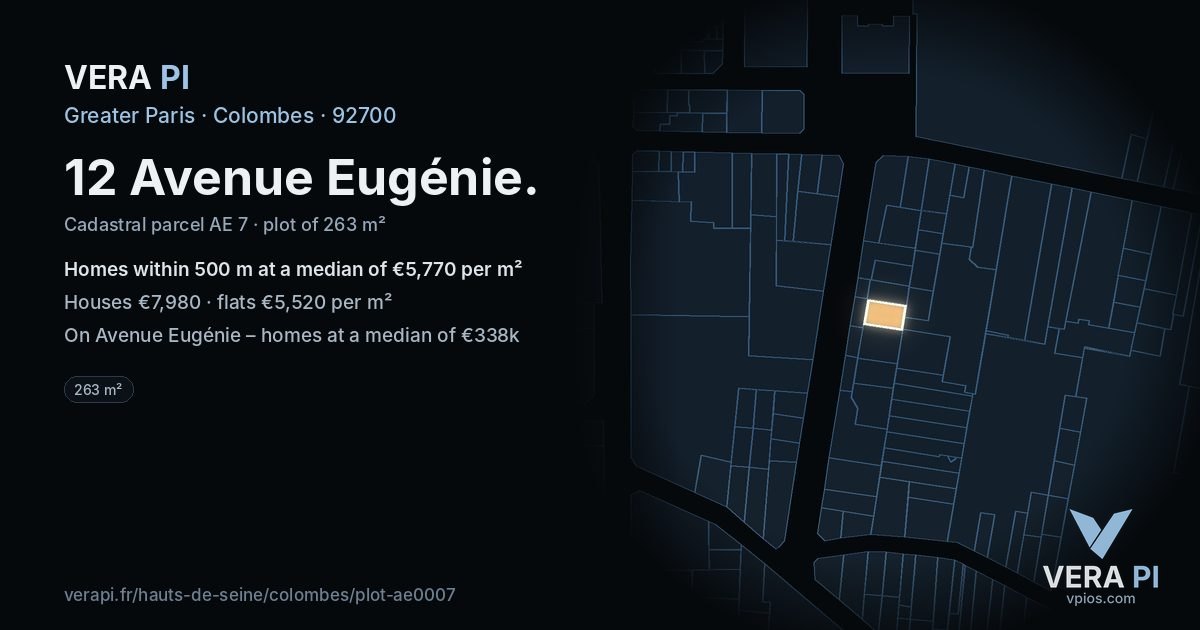 12 Avenue Eugénie, Colombes at night – the plot lit, the parcels around coloured by the prices near them