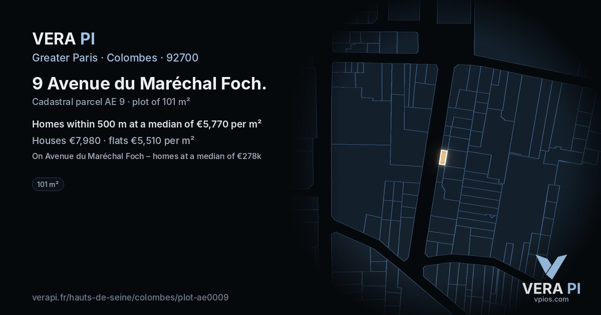 9 Avenue du Maréchal Foch, Colombes at night – the plot lit, the parcels around coloured by the prices near them