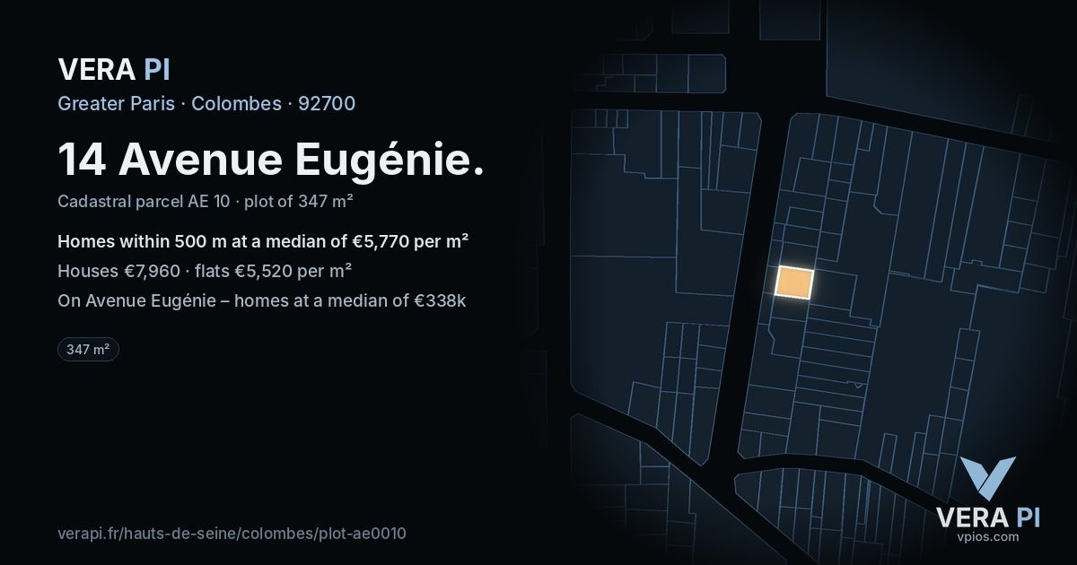 14 Avenue Eugénie, Colombes at night – the plot lit, the parcels around coloured by the prices near them