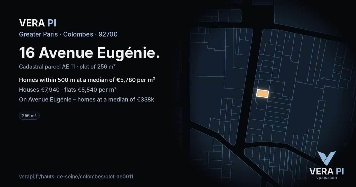 16 Avenue Eugénie, Colombes at night – the plot lit, the parcels around coloured by the prices near them