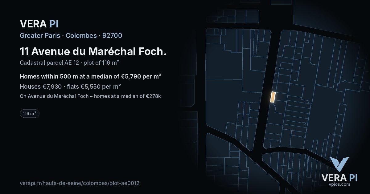 11 Avenue du Maréchal Foch, Colombes at night – the plot lit, the parcels around coloured by the prices near them