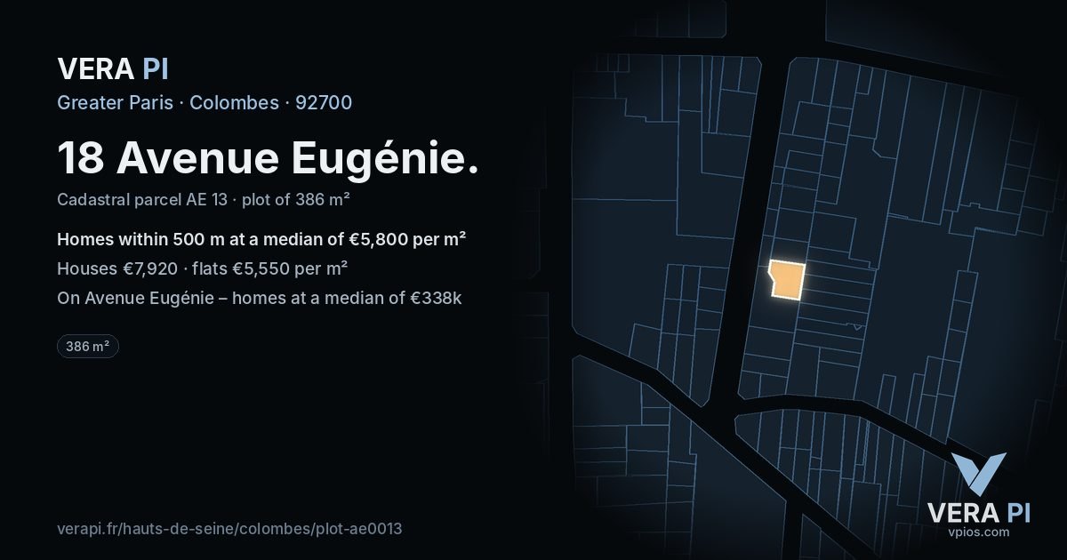 18 Avenue Eugénie, Colombes at night – the plot lit, the parcels around coloured by the prices near them