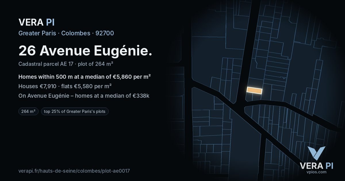 26 Avenue Eugénie, Colombes at night – the plot lit, the parcels around coloured by the prices near them