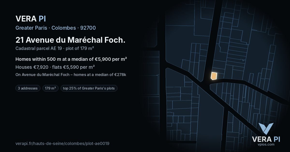 21 Avenue du Maréchal Foch, Colombes at night – the plot lit, the parcels around coloured by the prices near them