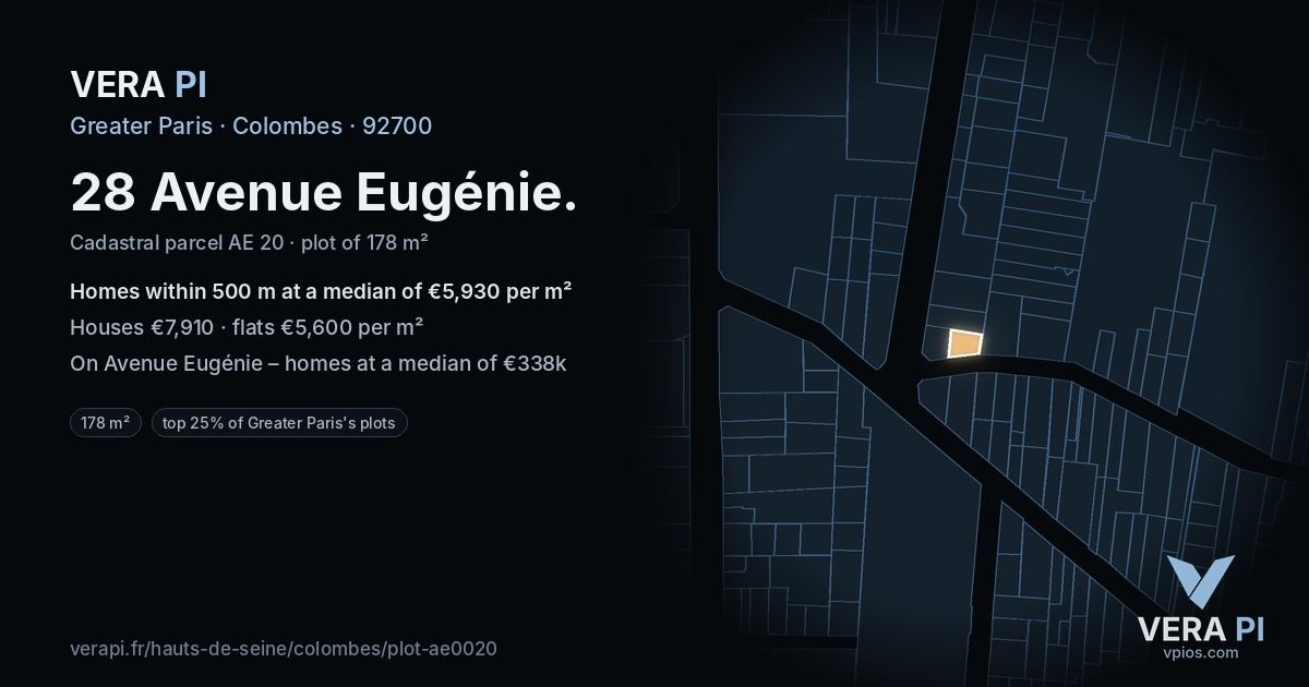 28 Avenue Eugénie, Colombes at night – the plot lit, the parcels around coloured by the prices near them