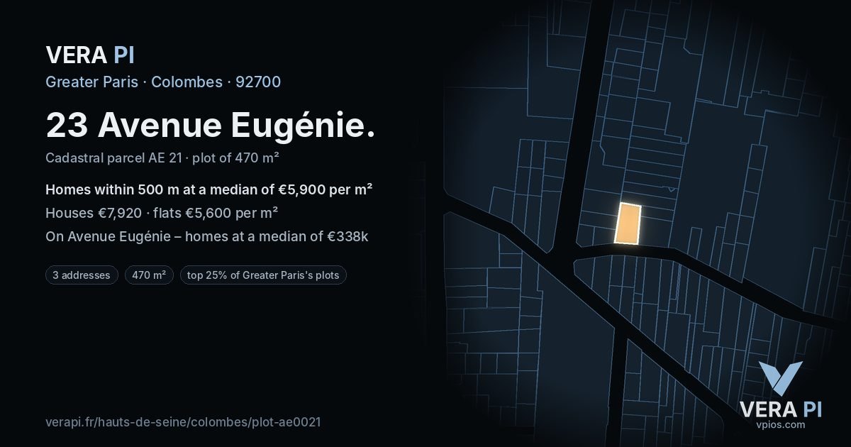 23 Avenue Eugénie, Colombes at night – the plot lit, the parcels around coloured by the prices near them
