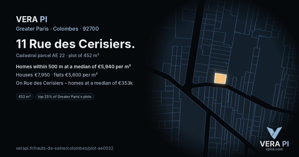 11 Rue des Cerisiers, Colombes at night – the plot lit, the parcels around coloured by the prices near them