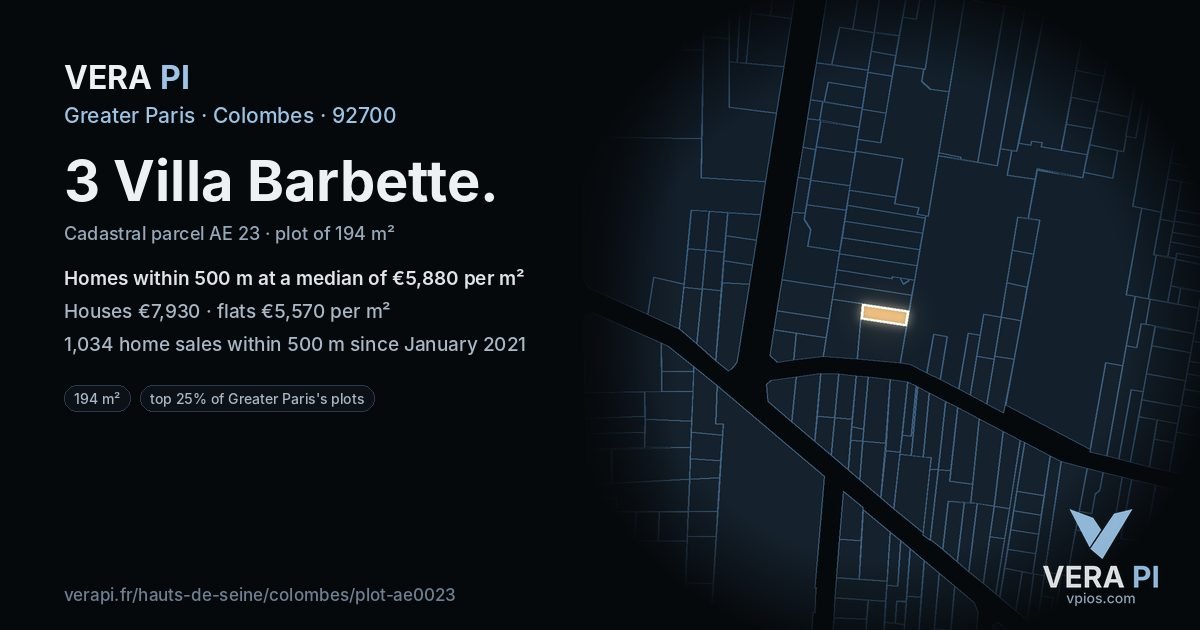 3 Villa Barbette, Colombes at night – the plot lit, the parcels around coloured by the prices near them