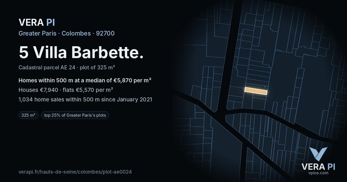 5 Villa Barbette, Colombes at night – the plot lit, the parcels around coloured by the prices near them