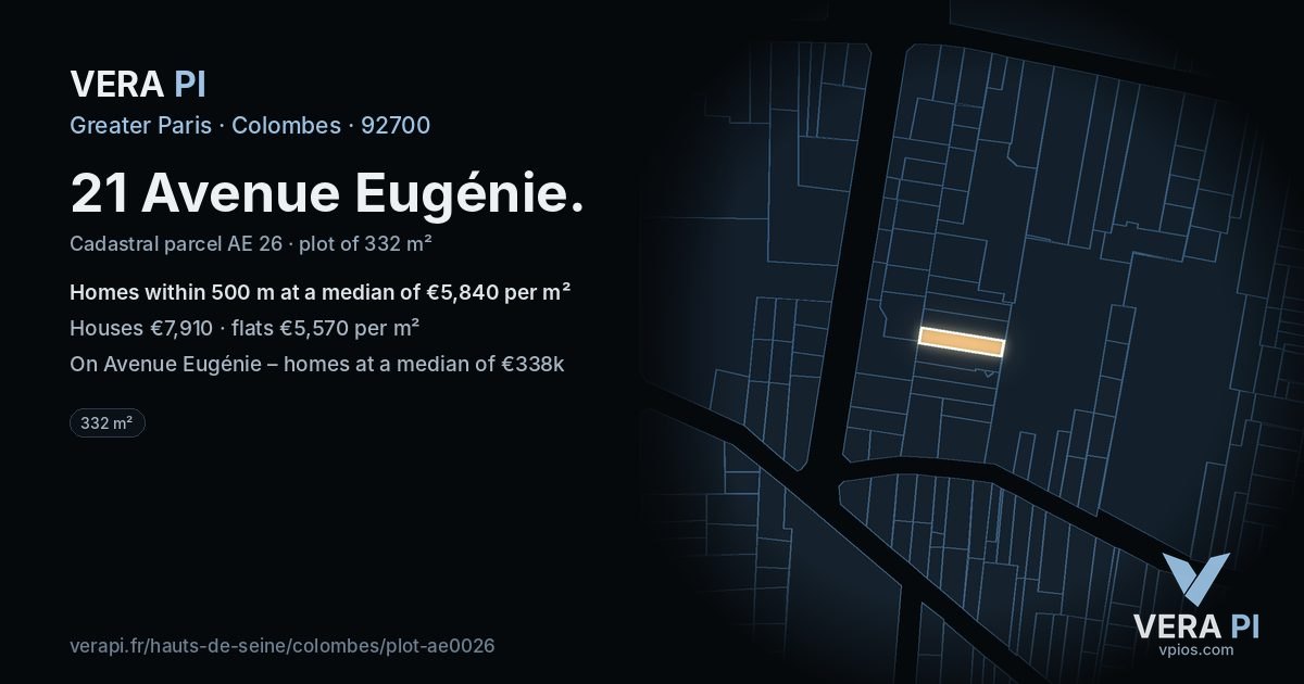 21 Avenue Eugénie, Colombes at night – the plot lit, the parcels around coloured by the prices near them