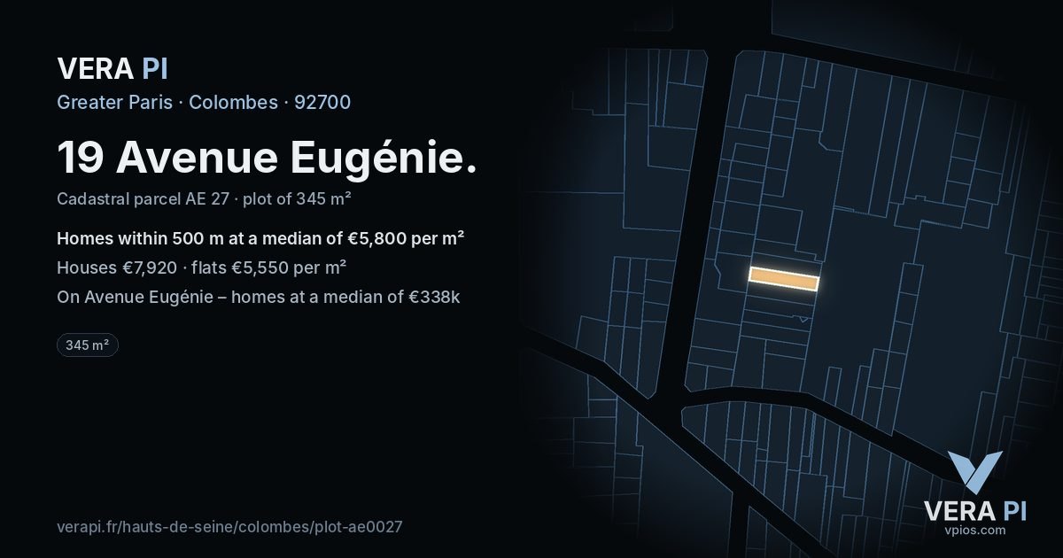 19 Avenue Eugénie, Colombes at night – the plot lit, the parcels around coloured by the prices near them