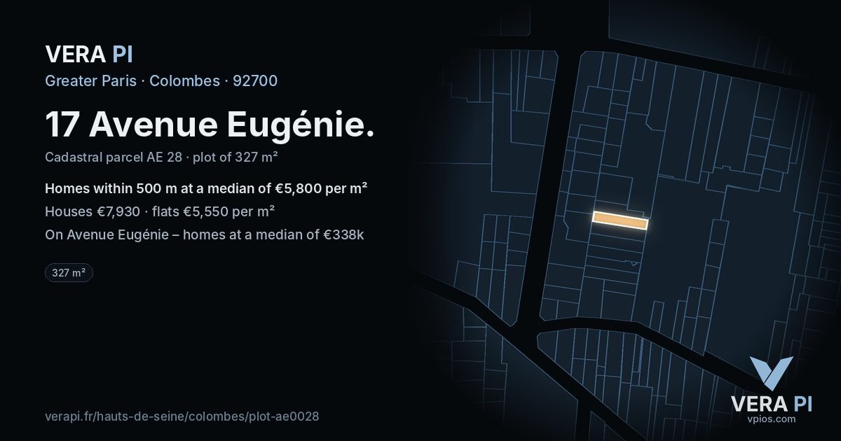 17 Avenue Eugénie, Colombes at night – the plot lit, the parcels around coloured by the prices near them