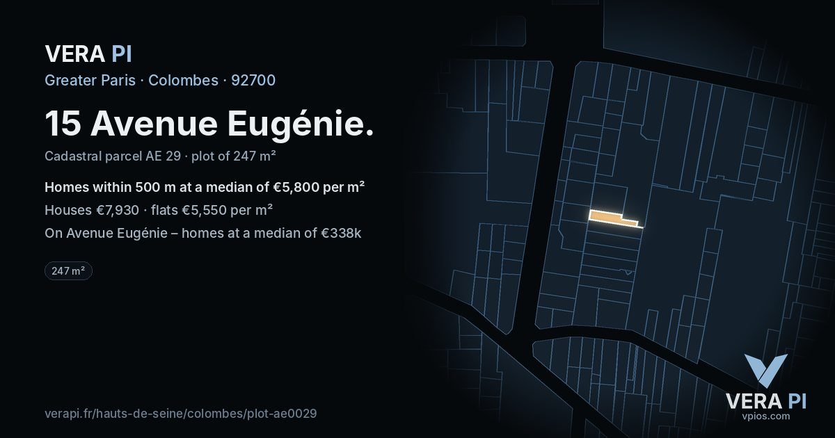 15 Avenue Eugénie, Colombes at night – the plot lit, the parcels around coloured by the prices near them