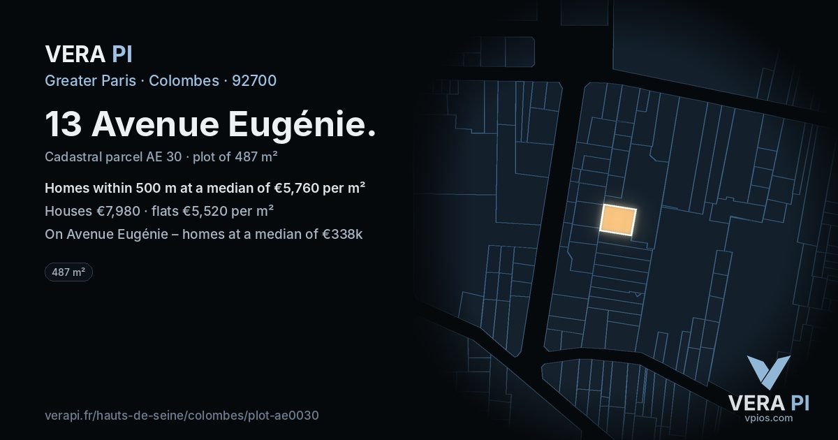 13 Avenue Eugénie, Colombes at night – the plot lit, the parcels around coloured by the prices near them