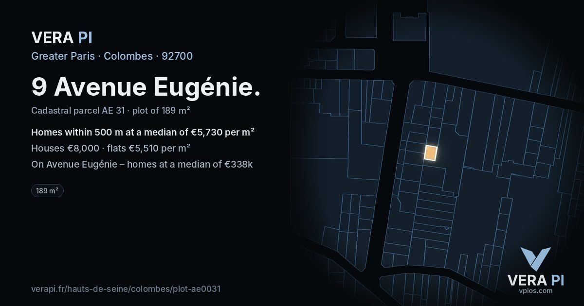 9 Avenue Eugénie, Colombes at night – the plot lit, the parcels around coloured by the prices near them