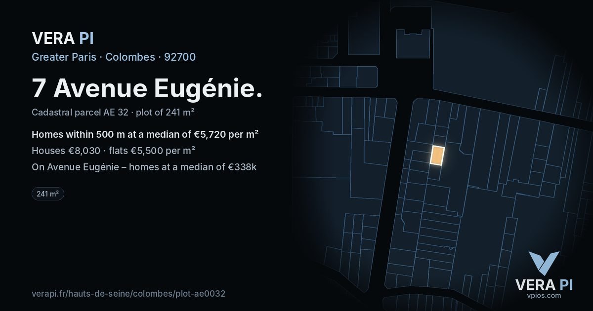 7 Avenue Eugénie, Colombes at night – the plot lit, the parcels around coloured by the prices near them
