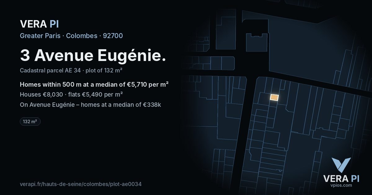 3 Avenue Eugénie, Colombes at night – the plot lit, the parcels around coloured by the prices near them