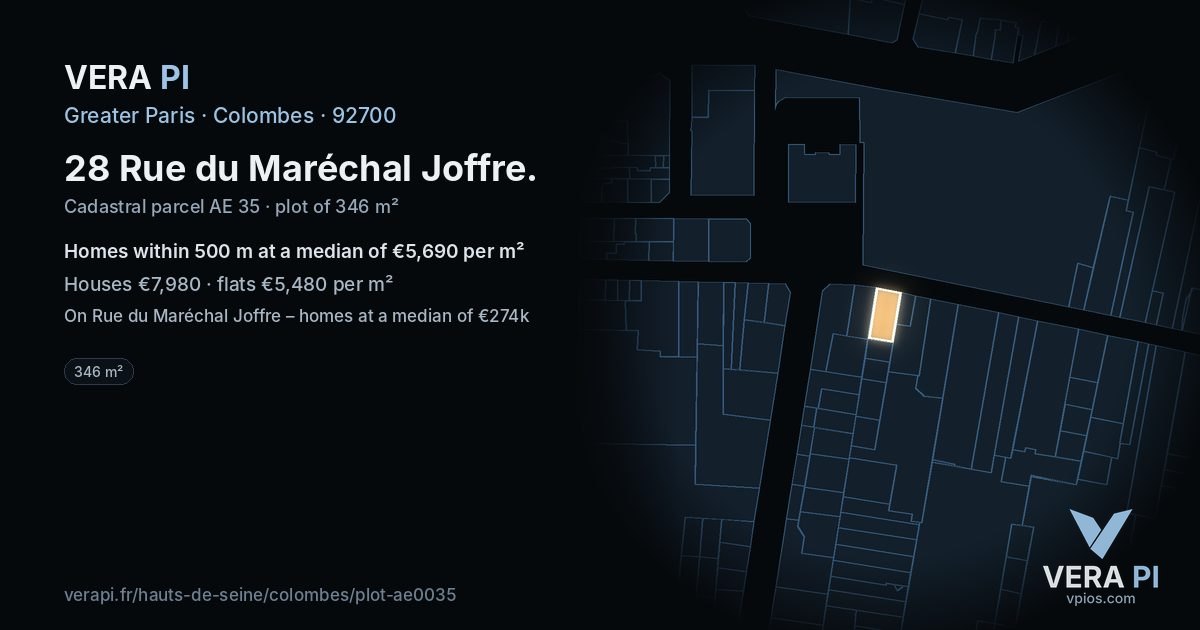 28 Rue du Maréchal Joffre, Colombes at night – the plot lit, the parcels around coloured by the prices near them