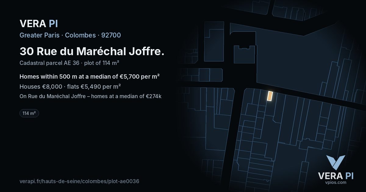 30 Rue du Maréchal Joffre, Colombes at night – the plot lit, the parcels around coloured by the prices near them