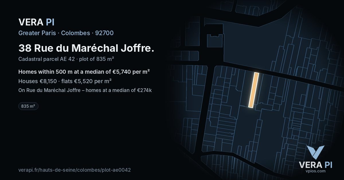 38 Rue du Maréchal Joffre, Colombes at night – the plot lit, the parcels around coloured by the prices near them
