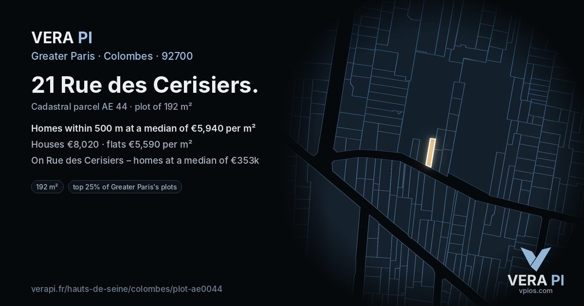 21 Rue des Cerisiers, Colombes at night – the plot lit, the parcels around coloured by the prices near them