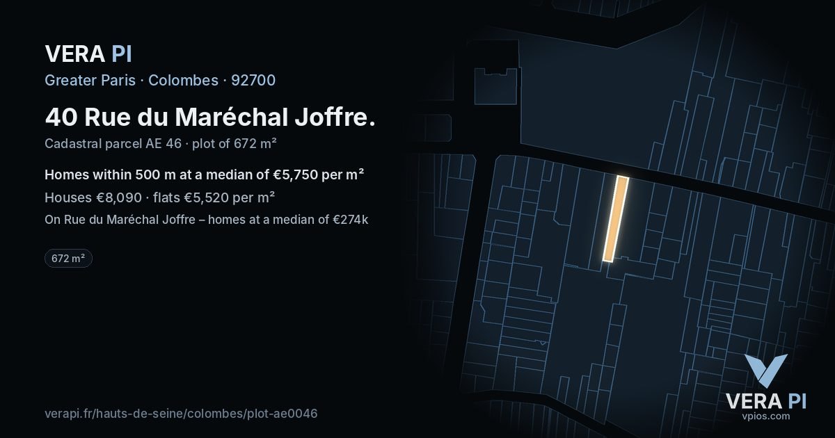 40 Rue du Maréchal Joffre, Colombes at night – the plot lit, the parcels around coloured by the prices near them