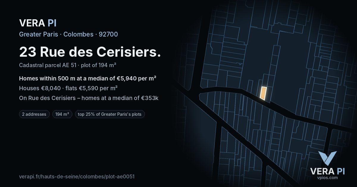 23 Rue des Cerisiers, Colombes at night – the plot lit, the parcels around coloured by the prices near them
